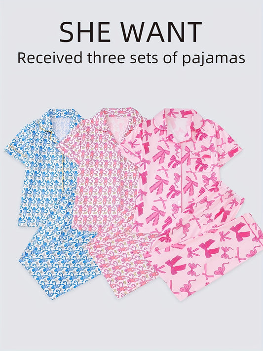 Three Sets Of Women'S Pajamas Set, Women'S Pajamas Set Combination, Knitted Fabric, Short Sleeved Button Top And Matching Pants, Full Body Print, Collar And Pocket Details, Suitable For ' Adult Pajamas Set