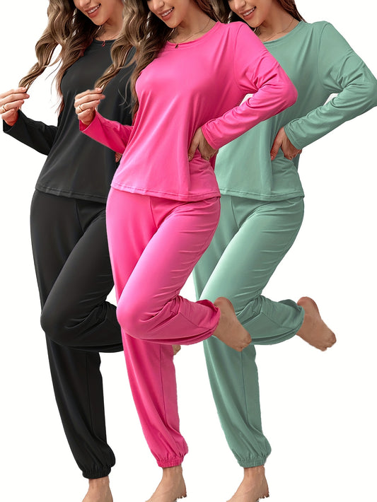 3 Sets of Women'S Pajama Sets, Round Neck Long-Sleeved Top+ Solid Color Trousers, Solid Color Fabric, Comfortable Home Casual Loungewear Can Be Worn Outside, Pajamas, Cozy Home Attire, Relaxed Fit, Soft Texture, Lounge Wear, Adults, Winter Pajamas, Casual