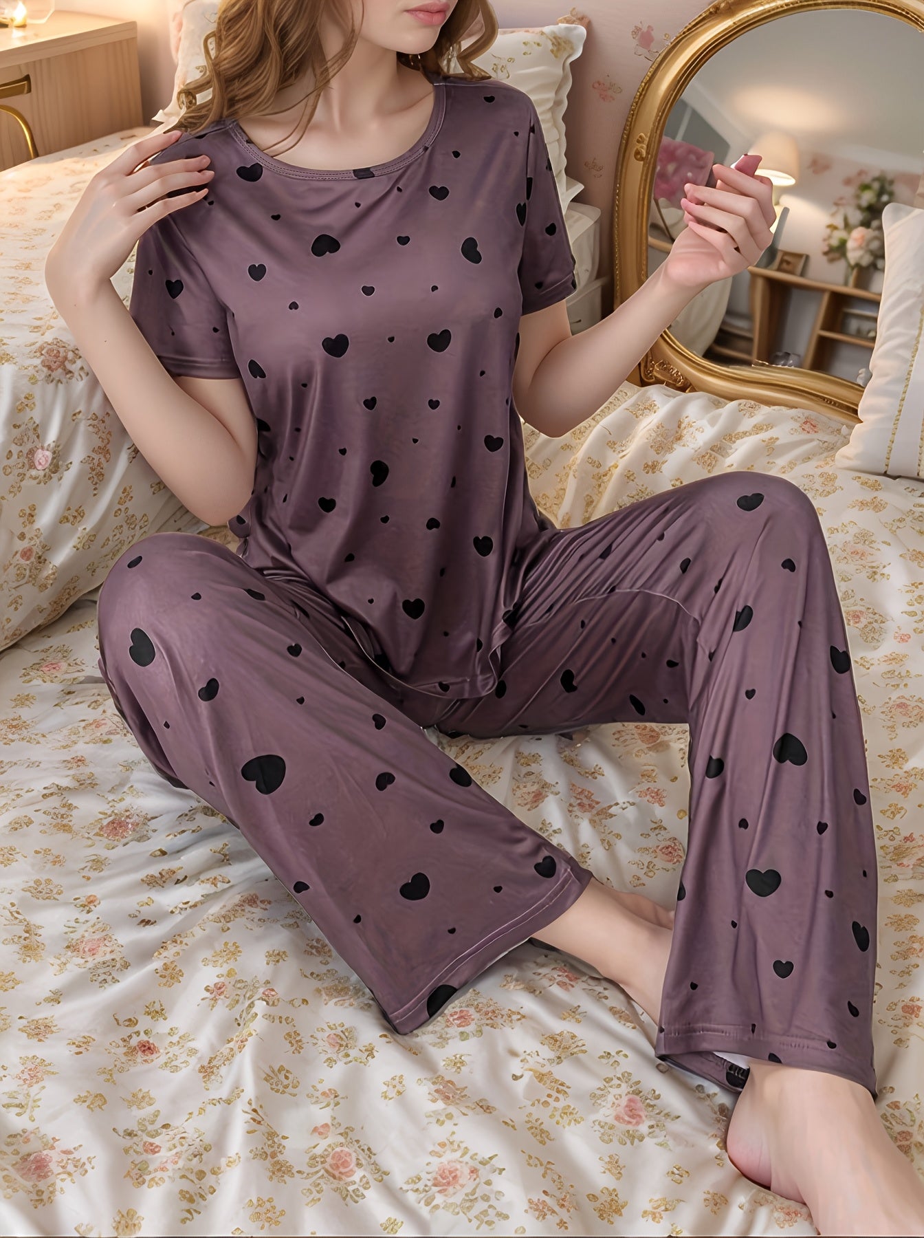 [Cozy Heart Pajama] Soft Women's Cozy Heart Print Pajama Set - Purple Short Sleeve Lounge Wear | Ruffled Hem, Casual Bow Detail, Relaxed Fit | Smooth Texture Fabric