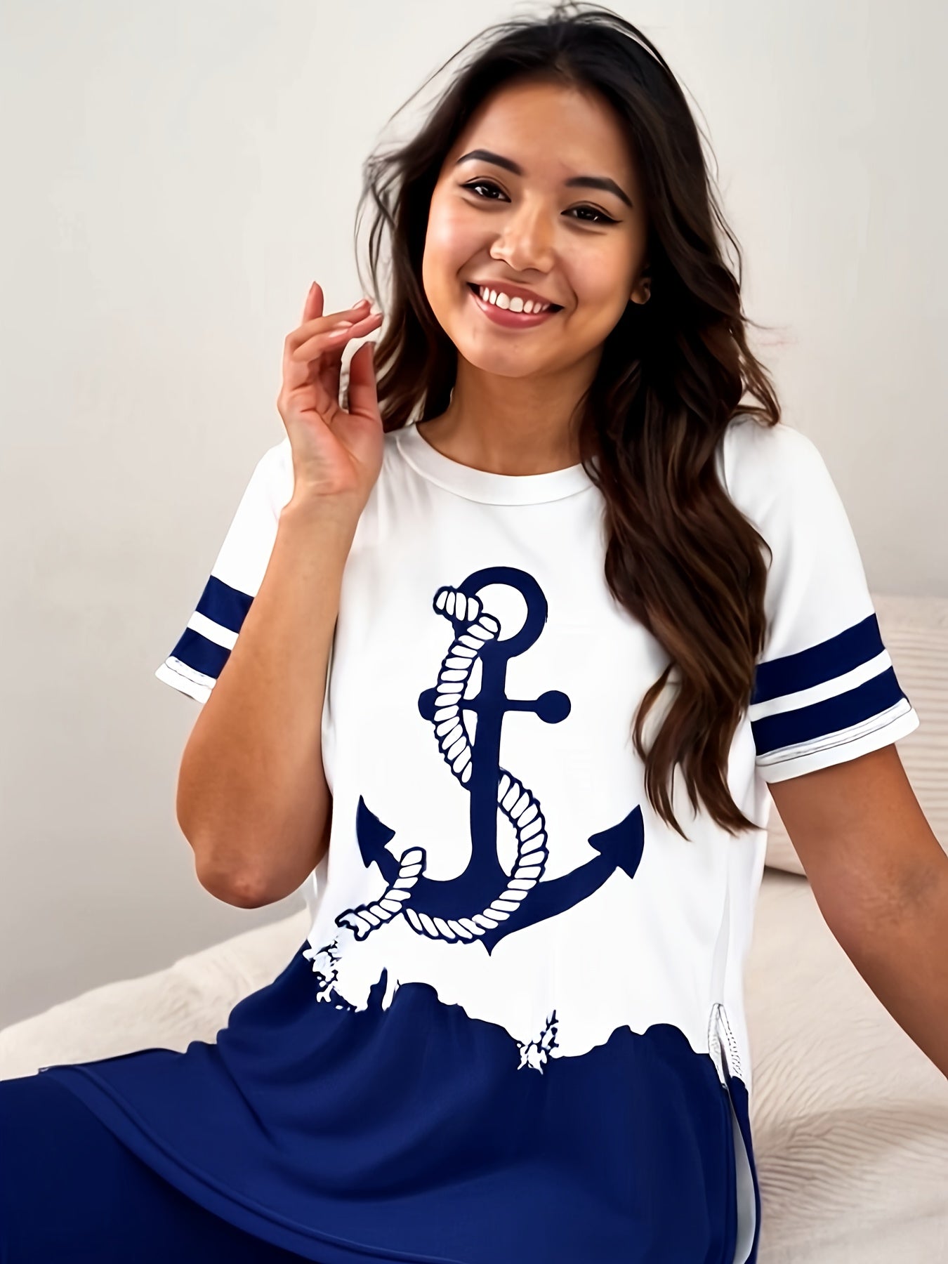 Women's Casual Navy Anchor Print Short Sleeve Top and Shorts Loungewear Set, Split Side Fashionable Short Sleeve Top with Slim Fit Pants Comfortable Regular Leisure Pajama Suit